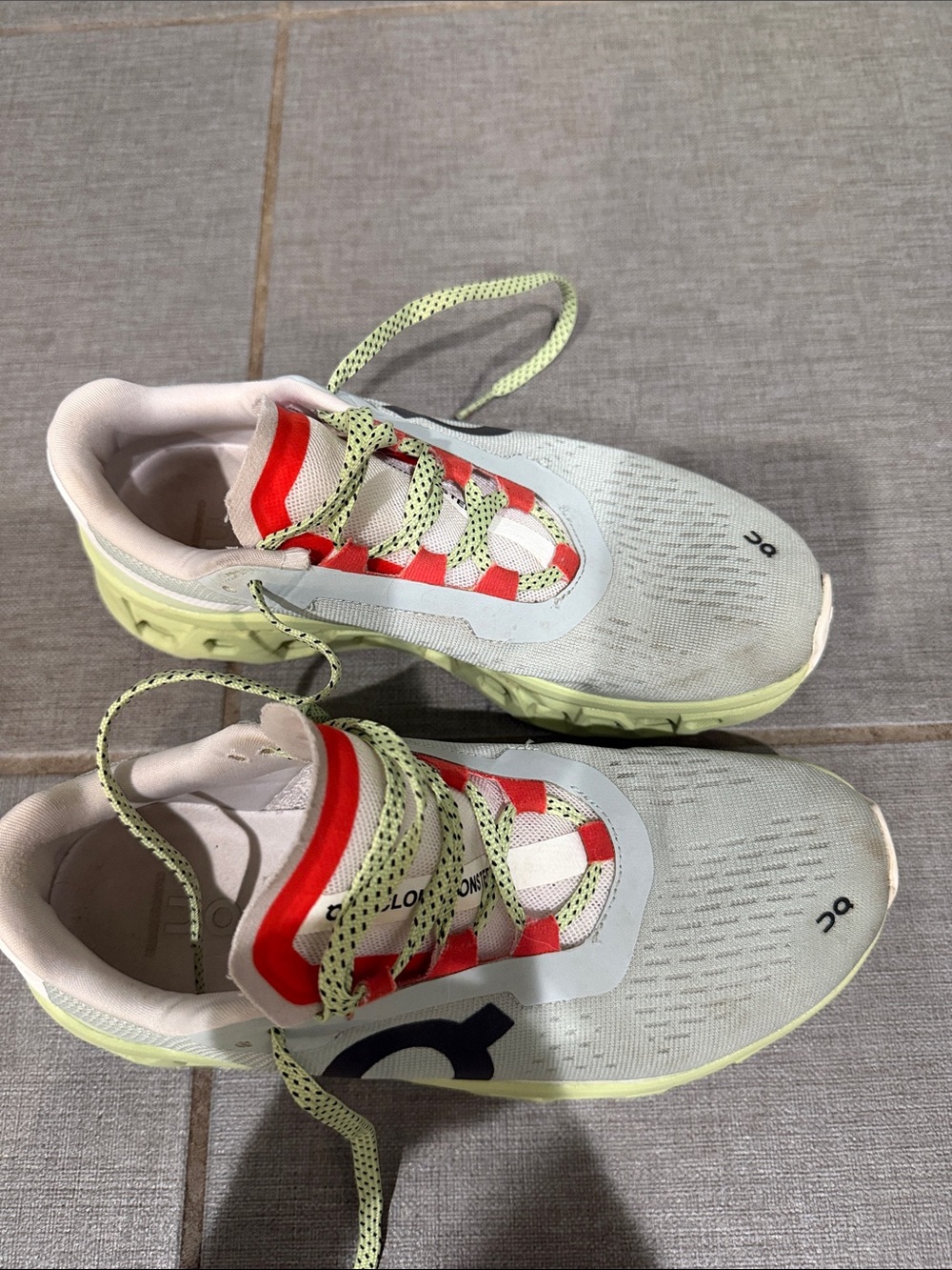 On Running Cloudmonster Sneakers - Light Gray, Neon Lime & Red Accents - Picture 2 of 6